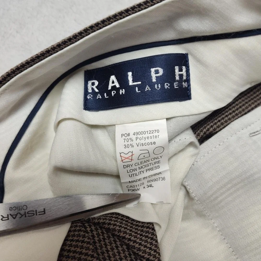 Ralph Lauren Pants Mens 36x29 Brown Tweed Polyester Viscose Pleated Dress Slacks